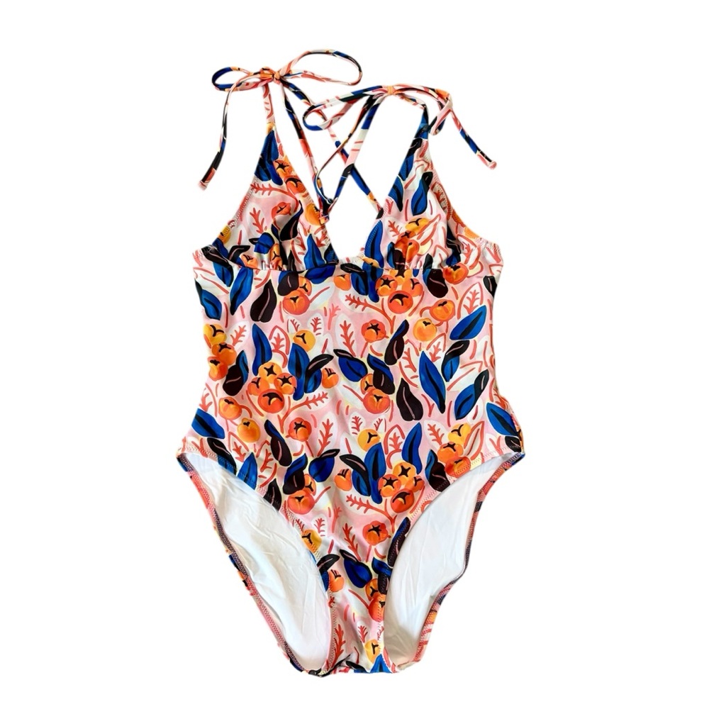 SOLID & STRIPED Pink Floral One-Piece Swimsuit with Blue & Orange Accents